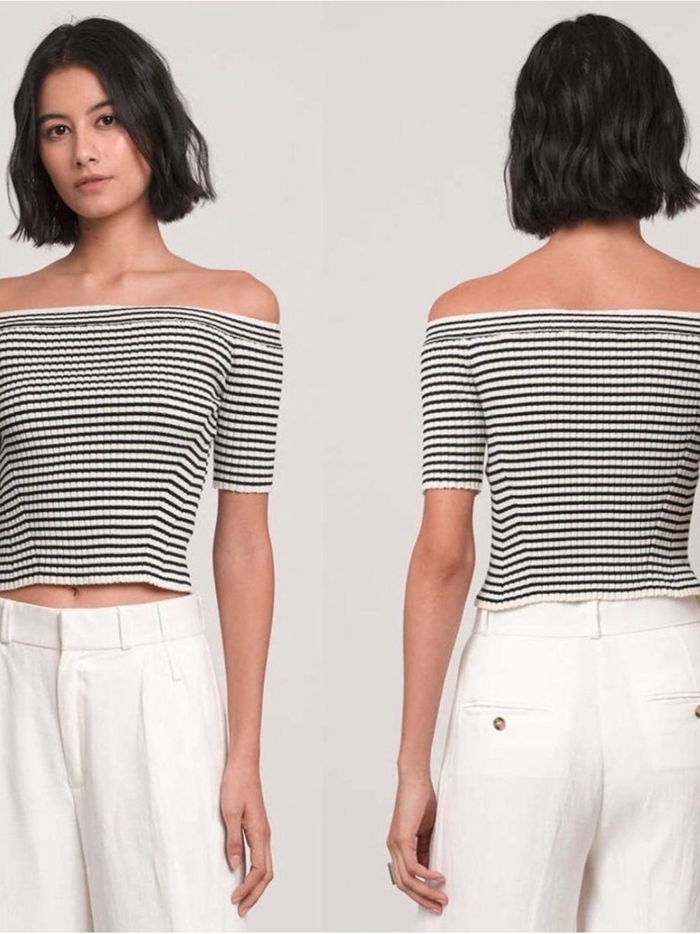 Striped Off-Shoulder Knit Crop Top - Black & White